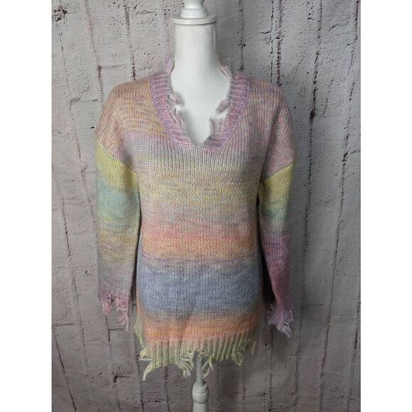 Sabrina Lauren NY Sz XL Knitted Sweater Distressed Frayed Ombre Rainbow Multicol - Picture 1 of 7